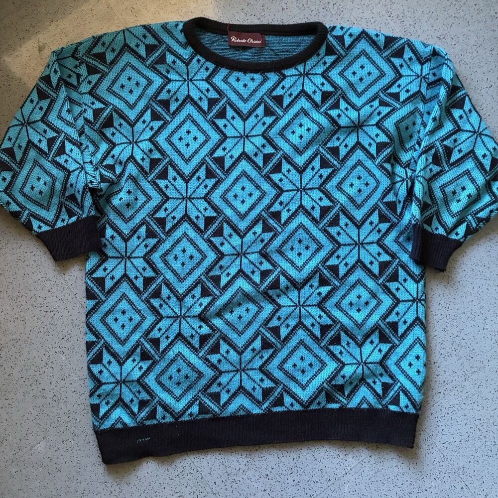 90s Teal/Black Geometric Knit Sweater XL Grandpacore Indie Sleaze Dolman Sleeve